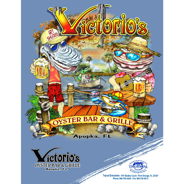 Victorio's illustrated characters — oysters with sunglasses, beer, and guitar